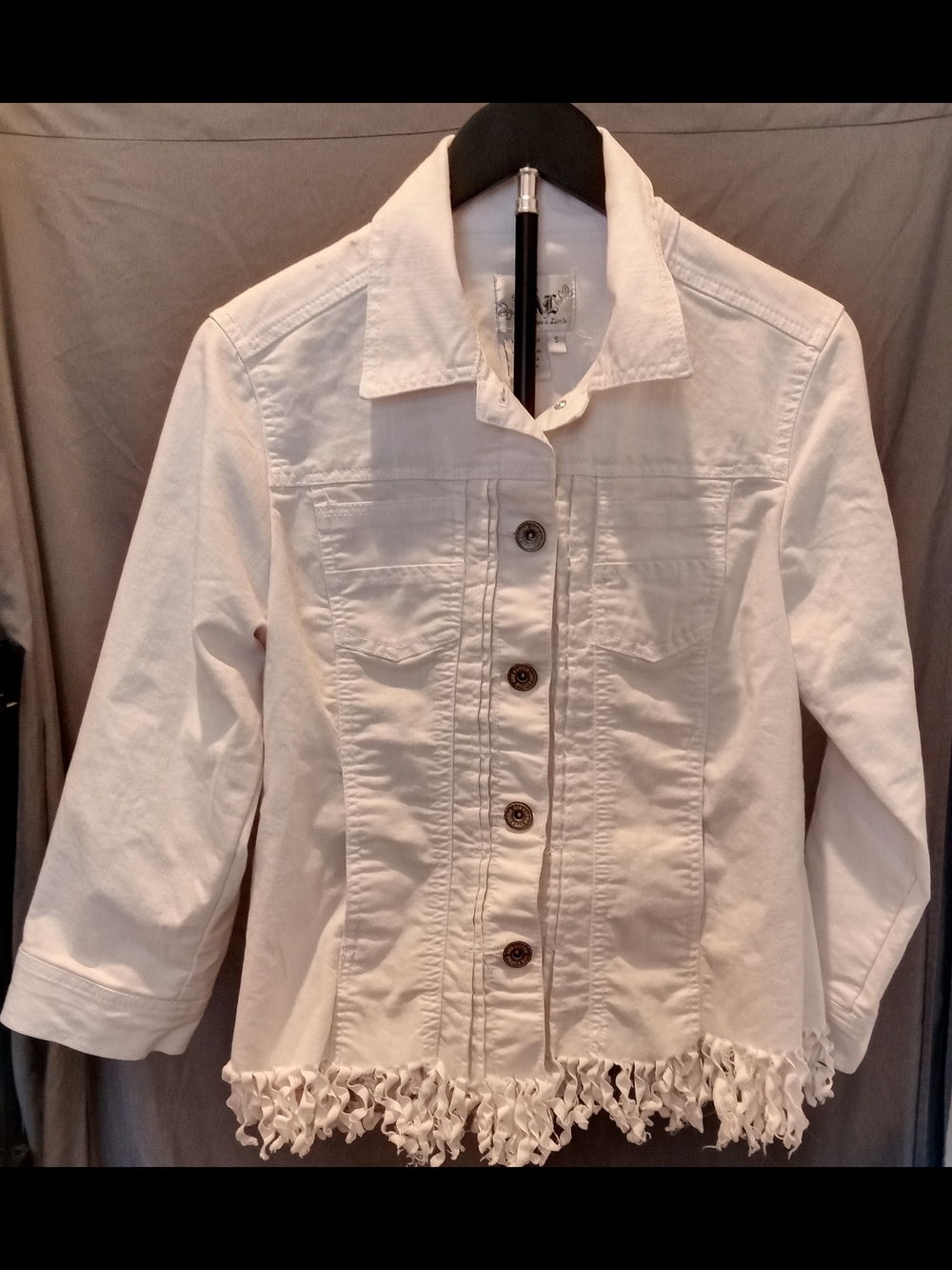 Live a Little White Fringed Hem Jean Jacket Women's Size S